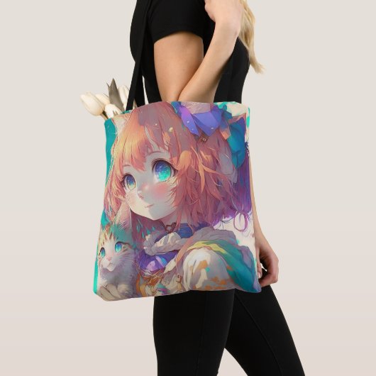Mooi anime meisje met schattig kitten draagtas (Dichtbij)