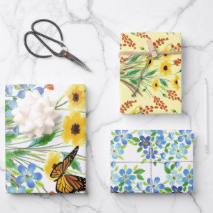 Mooi aquarel blauw en geel bloemen inpakpapier vel