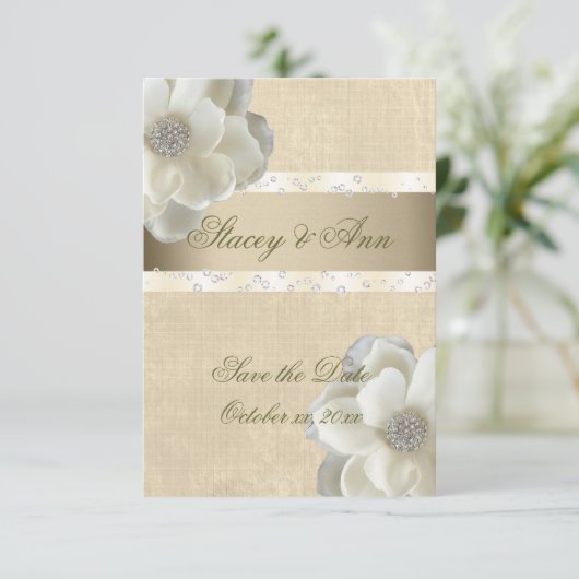 Mooi, bespaar de Datum Witte Rozen & Bling. Save The Date (Staand voorkant)