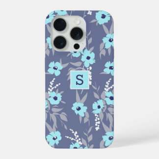 Mooi Blauw Bloemen Patroon Monogram / Initiaal iPhone 15 Pro Hoesje