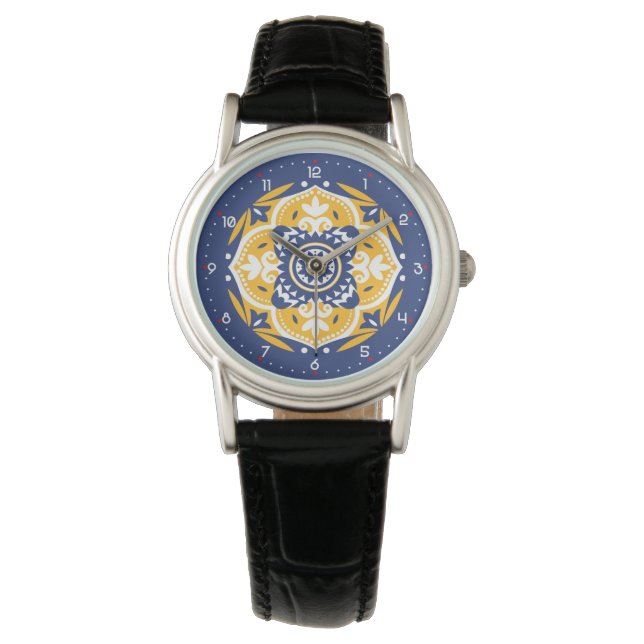 💛 🤍 mooi blauw en geel Azulejos Horloge (Voorkant)