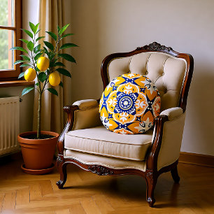💛 🤍 mooi blauw en geel Azulejos Rond Kussen