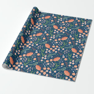 Mooi Blauw en Oranje Bloemen Verpakkend Document Cadeaupapier