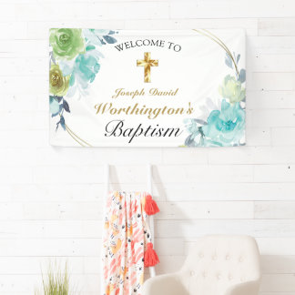 Mooi blauw Floral Gold Cross Baptisme Welkom Spandoek