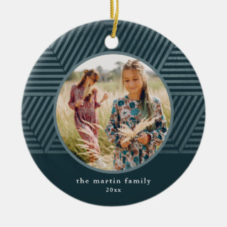 Mooi blauw Geometrisch Patroon Foto Kerstmis Keramisch Ornament