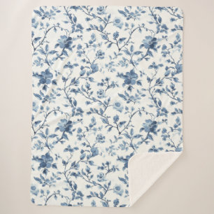 Mooi blauw wit bloemmotief   sherpa deken
