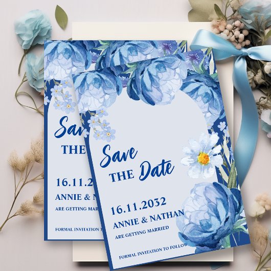 Mooi Blauwe Bloemen Trend Trouw Save the Date