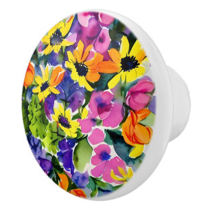 Mooi bloemenpatroon, helder geel en roze, keramische knop