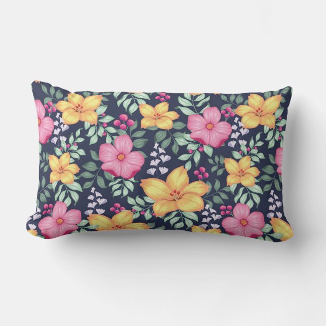 Mooi bloemmotief bloemen gebladerte blauw roze kussen (Voorkant)