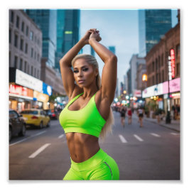Mooi Blond Fitness Meisje Poseren in Neon Groen Foto Afdruk