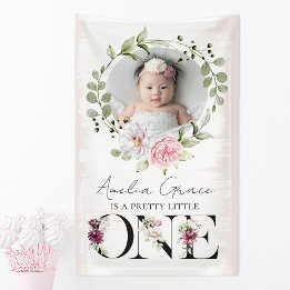 Mooi blozend bloemen Eerste verjaardag baby foto Spandoek