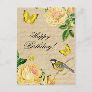 Mooi briefkaart met rozen en vogeltjes