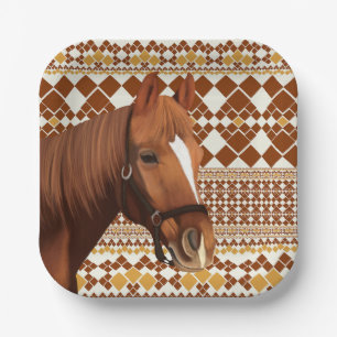Mooi bruin paard op aards geometrisch patroon papieren bordje