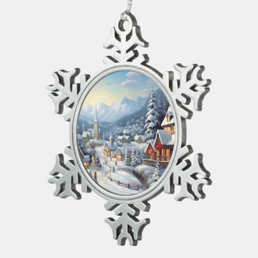 Mooi dorp op een kerstdag tin sneeuwvlok ornament (Rechts)