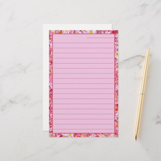 mooi en  roze floraal  briefpapier (Voorkant / Achterkant in situ)