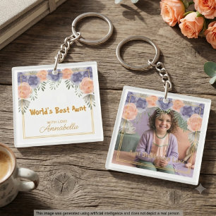 Mooi foto frame met bloemmotief en gouden rand voo sleutelhanger