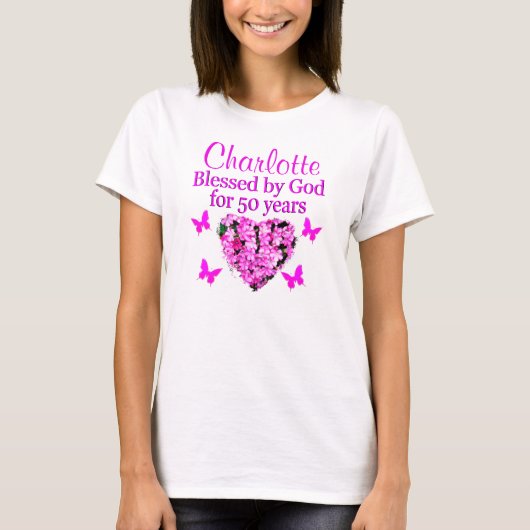 MOOI GEPERSONALISEERD ROZE BLOEMONTWERP T-SHIRT (Voorkant)