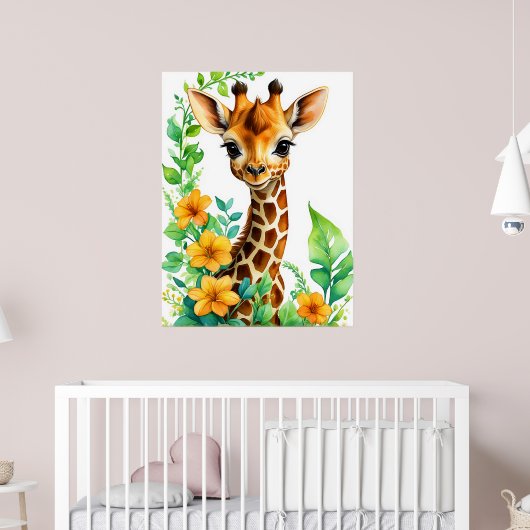 Mooi Giraffe dier met Oranje bloemen Poster (Kinderkamer 2)