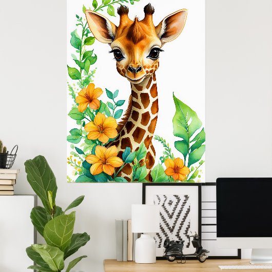 Mooi Giraffe dier met Oranje bloemen Poster (Thuiskantoor)