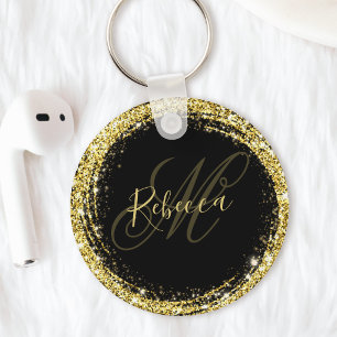 Mooi gouden glitter monogram naam zwart glamour sleutelhanger
