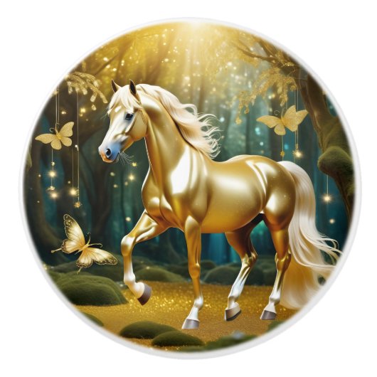 Mooi gouden paard, fantasy art keramische knop (Voorkant)