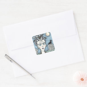 MOOI GRIEZELIG FRANKENELLA MONSTER, GRAVEN, KAT VIERKANTE STICKER