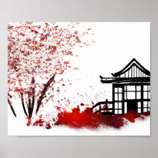 mooi japans huis in kersenbloesem - bos poster