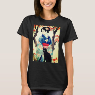 Mooi Japans Meisje met een Zwarte Kat T-shirt