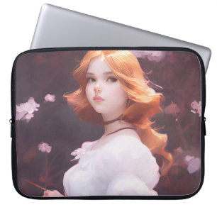 Mooi jong meisje van roze bloemen portret laptop sleeve