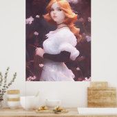 Mooi jong meisje van roze bloemen portret poster (Keuken)