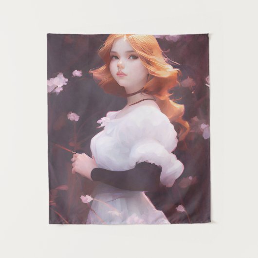 Mooi jong meisje van roze bloemen portret wandkleed (Voorkant)