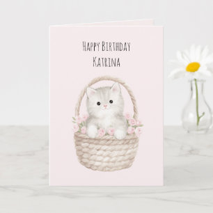 Mooi Kitten in een Mandje Blush Roze Rozen Verjaar Kaart