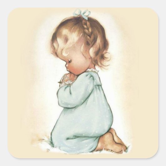 Mooi  klein meisje bidden rozenkrans vierkante sticker (Voorkant)