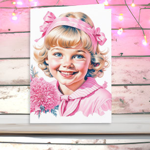 Mooi Klein Vintage Meisje Roze Kerstmis Feestdagen Kaart
