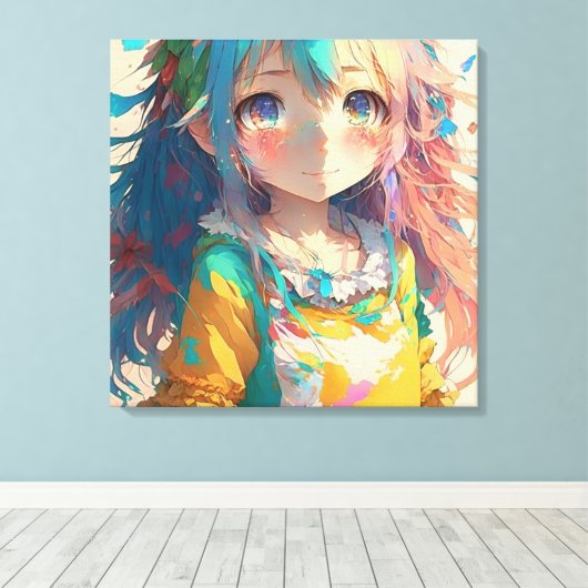 Mooi kleurrijk anime meisje canvas afdruk (Insitu (Houten vloer))