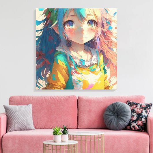 Mooi kleurrijk anime meisje canvas afdruk (Insitu (Woonkamer))