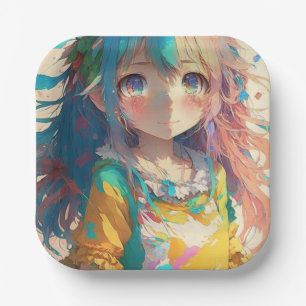 Mooi kleurrijk anime meisje papieren bordje