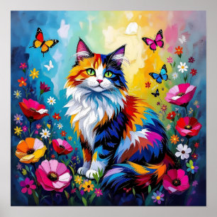 Mooi Kleurrijke Impasto Kat en Bloemen Poster