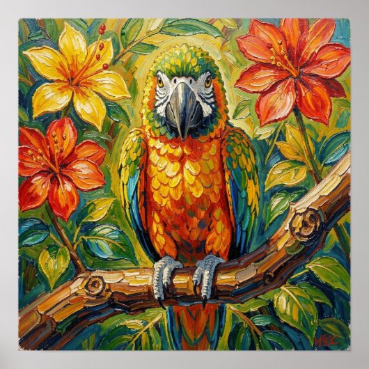 Mooi Kleurrijke Impasto Papegaai en Tropische Bloe Poster (Voorkant)
