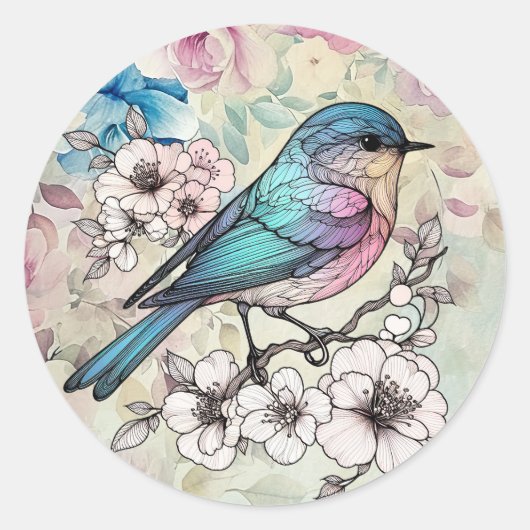 Mooi Lentewaterverf Bloem Vogel Ronde Sticker (Voorkant)