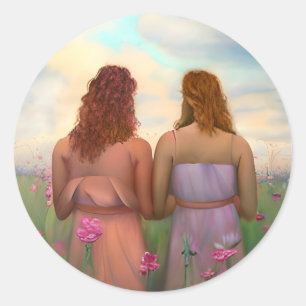 Mooi Lesbisch Paar in Meadow of Flowers Ronde Sticker