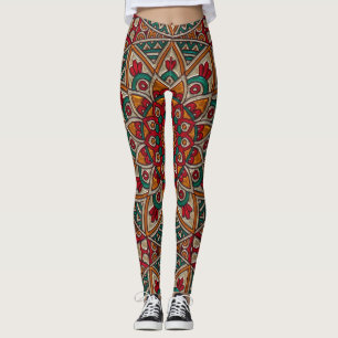 Mooi Mandala rood, Blauwgroen, Oranje lekken Leggings