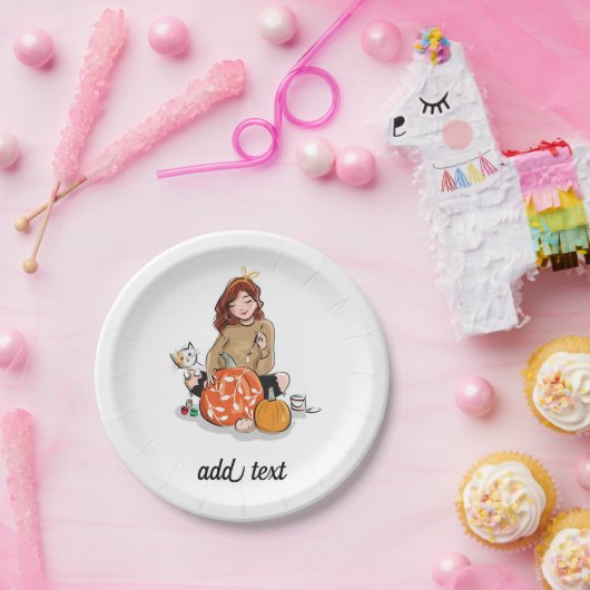 Mooi Meisje met Bruin Haar Kleurend Pompoenen Papieren Bordje (Feest)