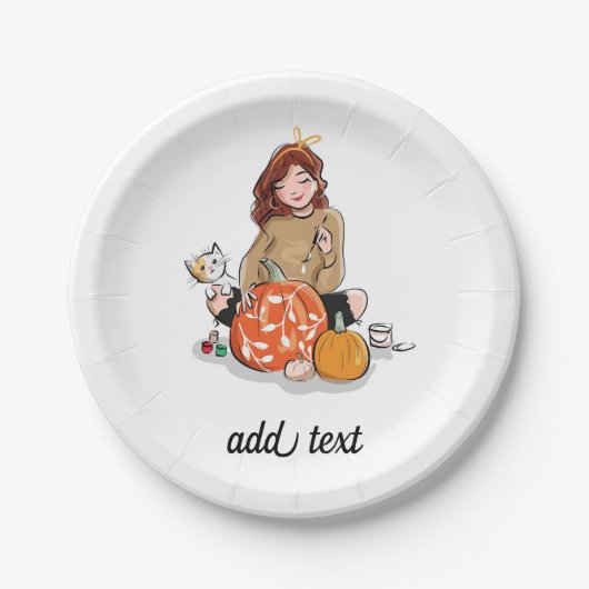 Mooi Meisje met Bruin Haar Kleurend Pompoenen Papieren Bordje (Voorkant)