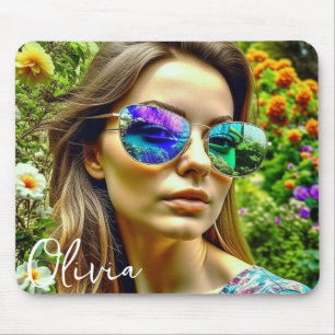 Mooi Meisje met Zonnebril Reflectie Bloemen Muismat