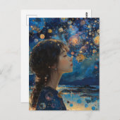 Mooi Meisje Nacht op de Oceaan Gemengde Media Briefkaart (Voorkant / Achterkant)