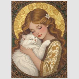 Mooi meisje omhelst kat Art Nouveau Decoupage Tissuepapier