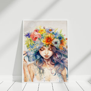 Mooi Meisjesportret met Bloemen in Haar Hoofd Poster