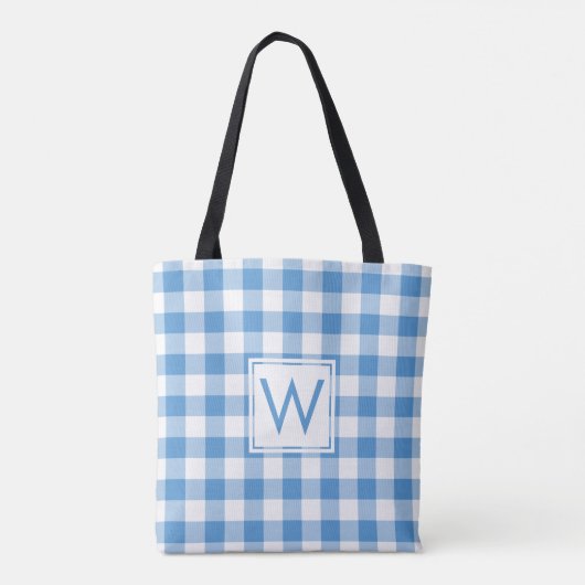 Mooi Monogram Lichtblauw Wit Gingham Patroon Draagtas (Achterkant)
