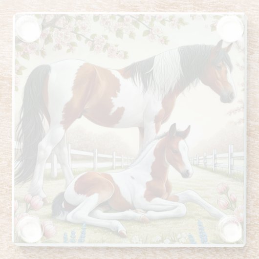 Mooi paard en veulen in een bloeiende boomgaard glazen onderzetter (Achterkant)